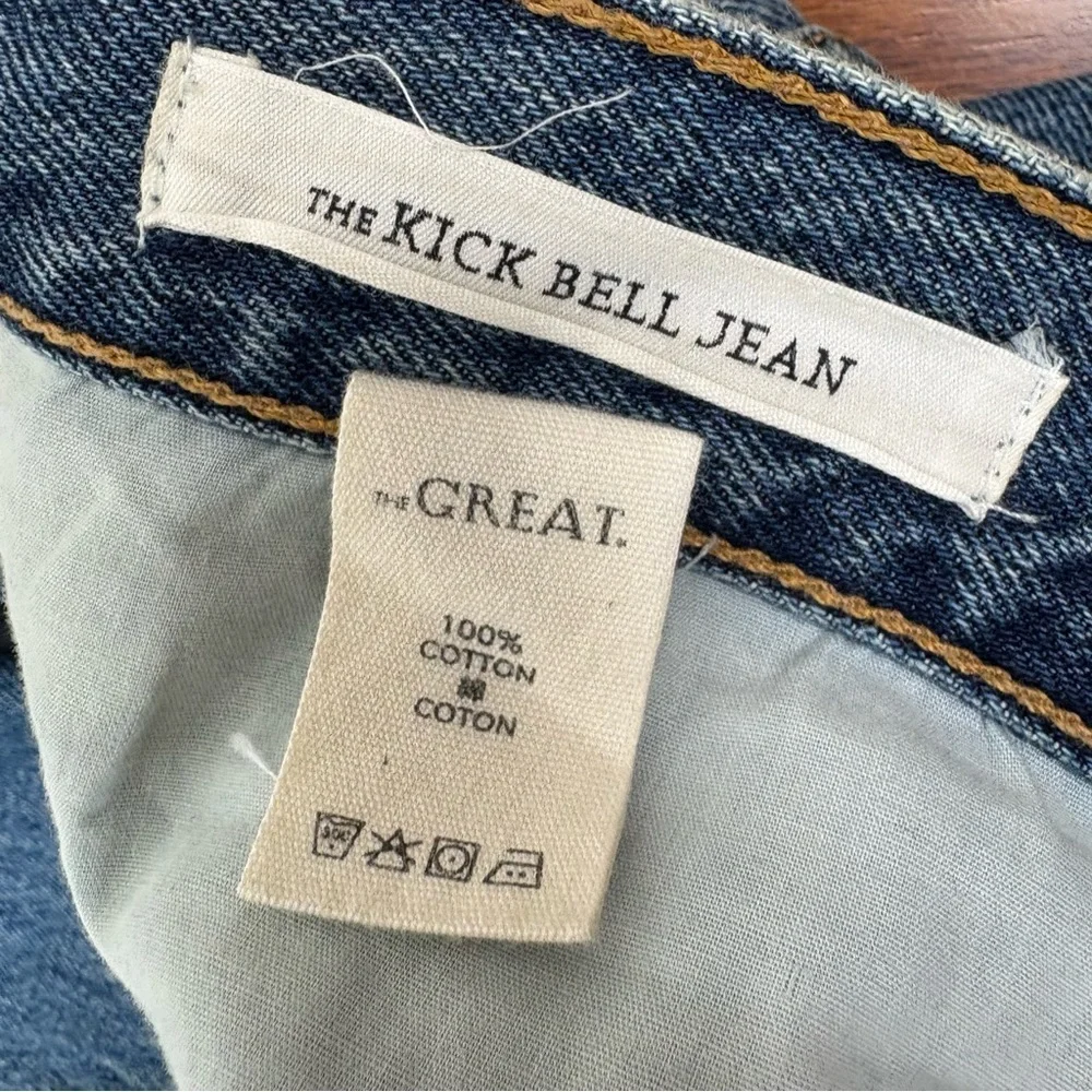 The GREAT. Kick Bell Jean Canopy Wash raw hem bell bottom cropped length sz 30